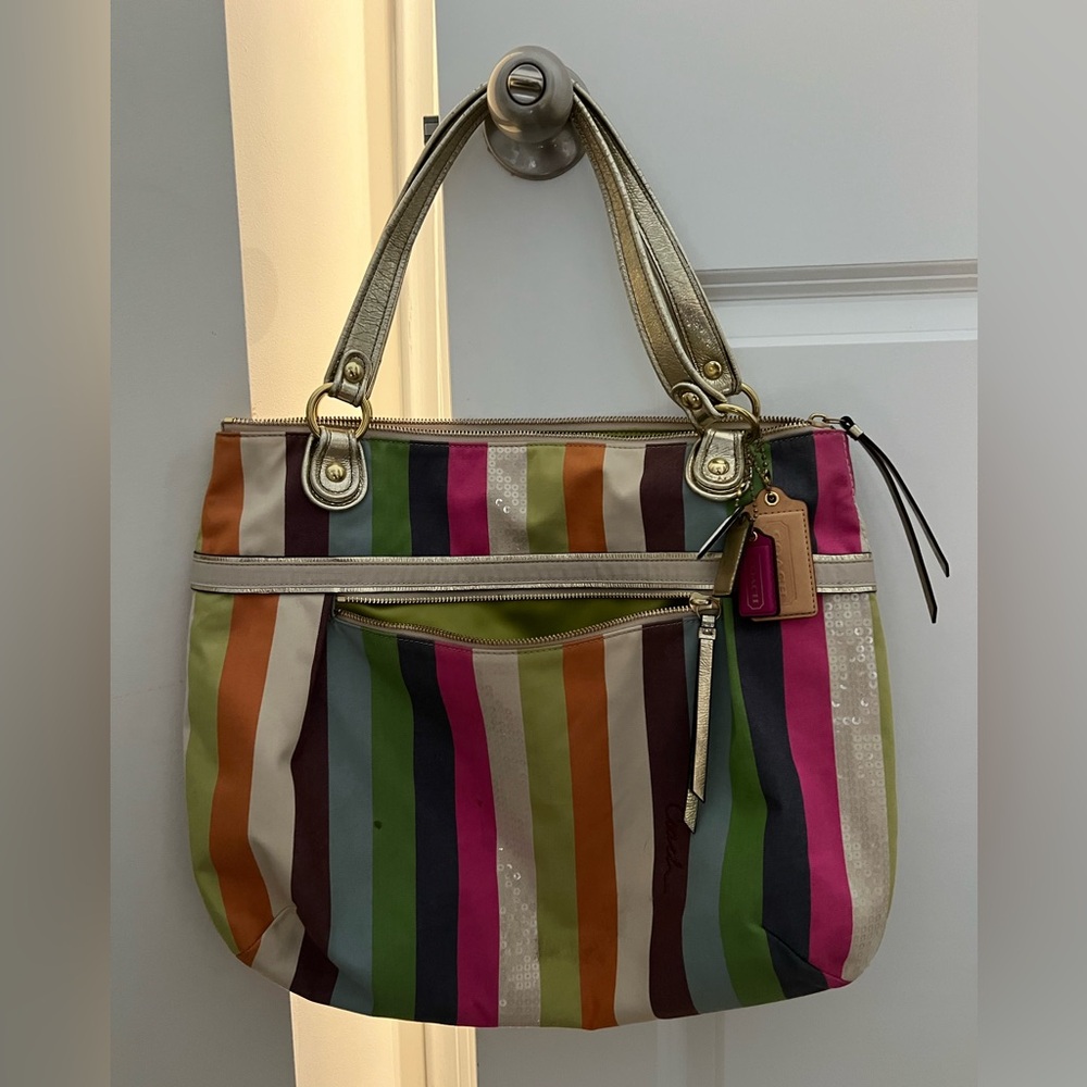 Vintage Y2K Coach Poppy Legacy Multicolor Stripes Tote Sequin & Gold Leather